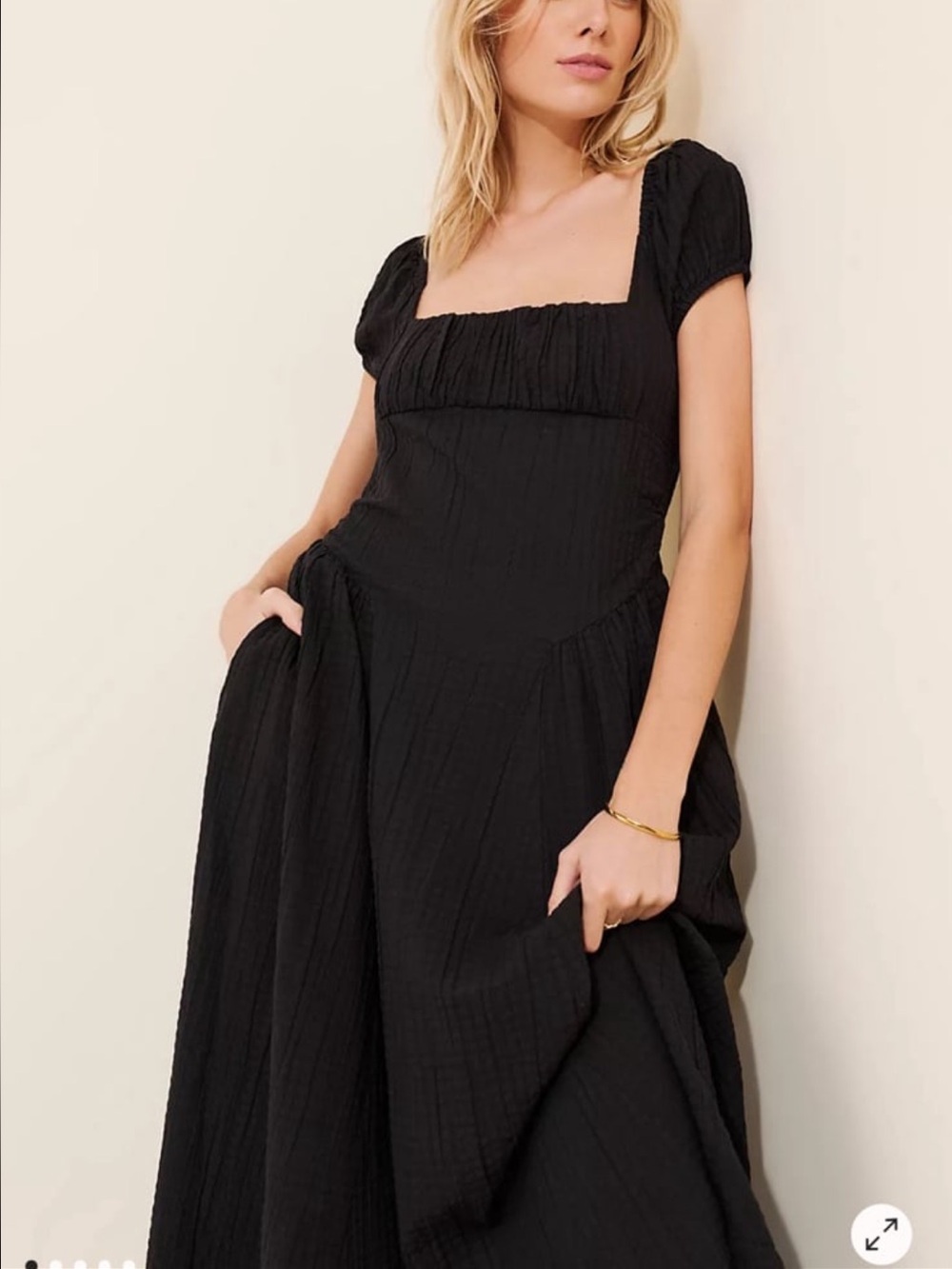 Free People Ciara Pucker Midi Dress Black Cotton Dress with pockets M - Picture 2 of 10